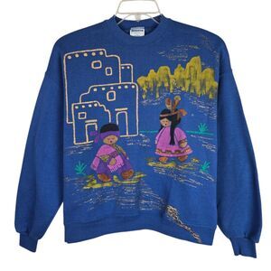Vintage Cheetah Mervyns Native American Indian Sweatshirt L Southwest Blue
